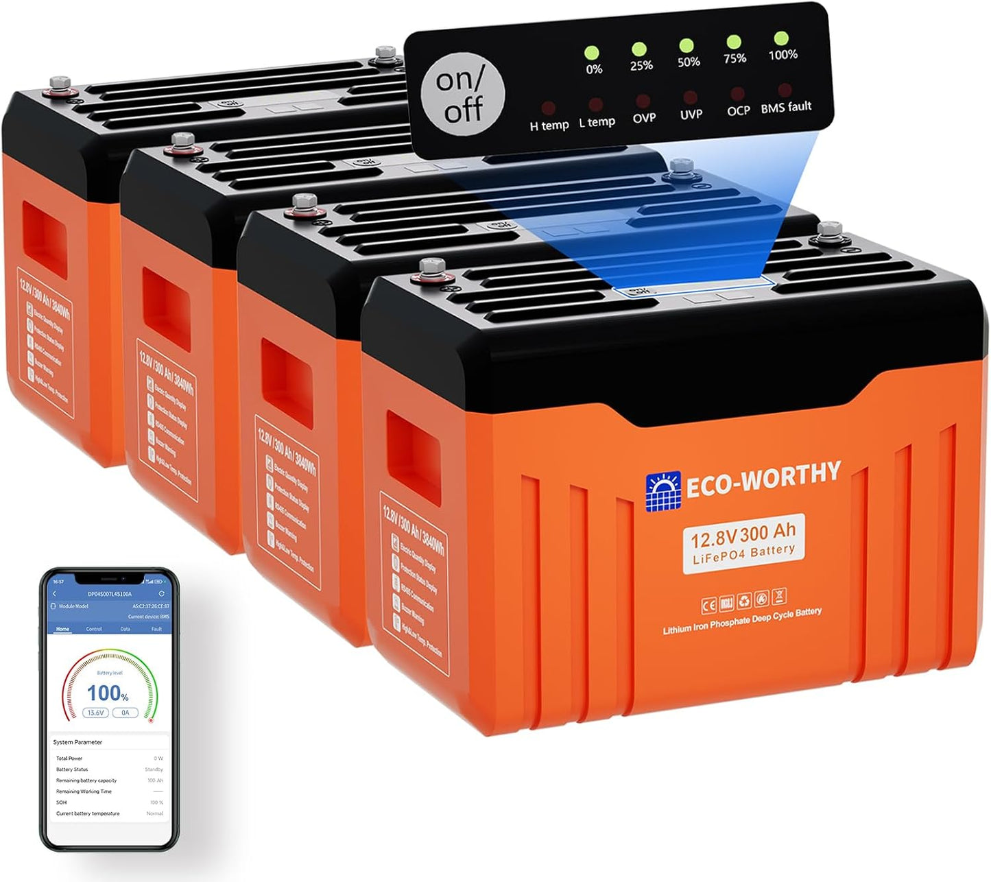 ECO-WORTHY 12V 300Ah LiFePO4 Battery with Bluetooth, LED SOC Display & Low-Temp Protection – 6-Year Combined Protection