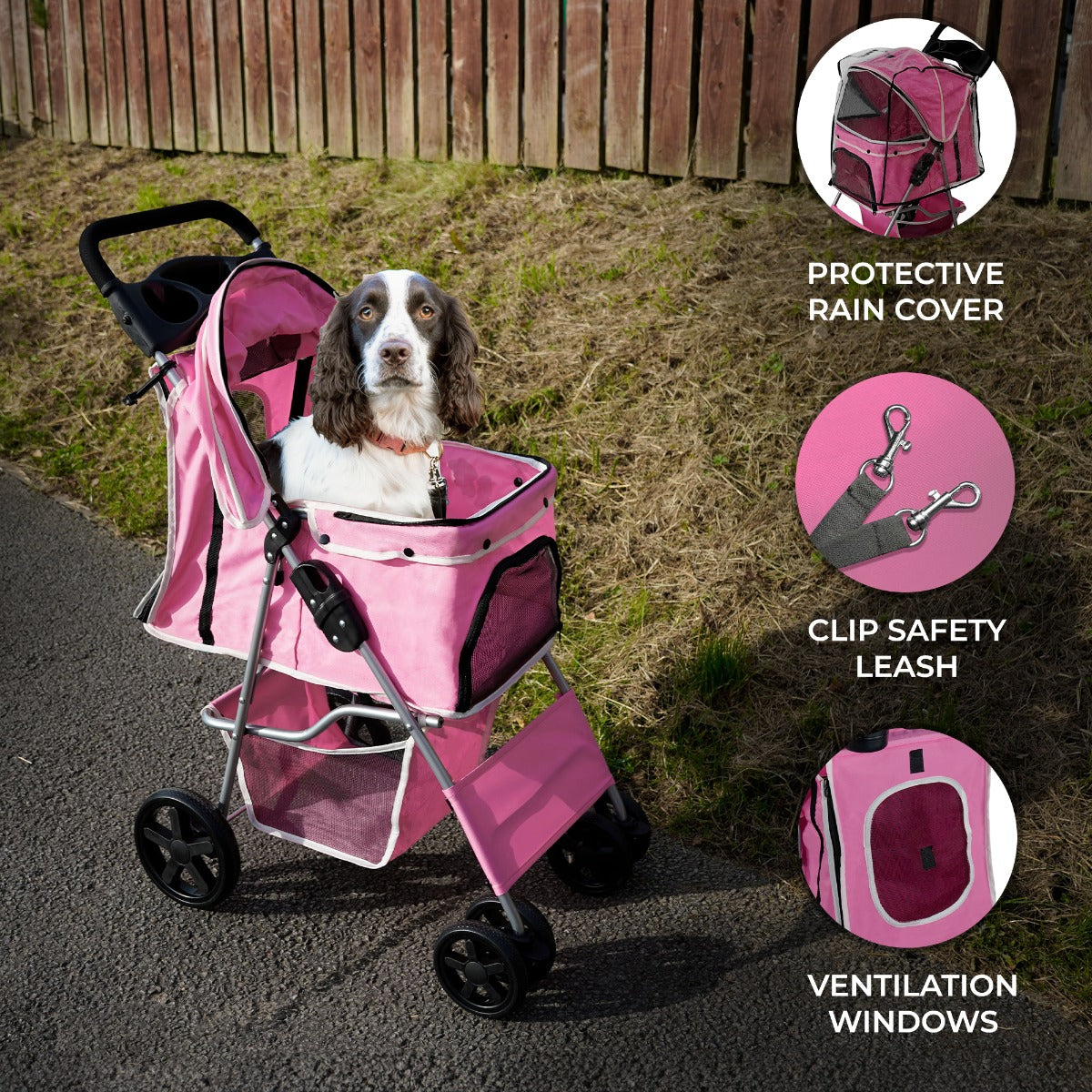 Pet Stroller with Rain Cover – Pink
