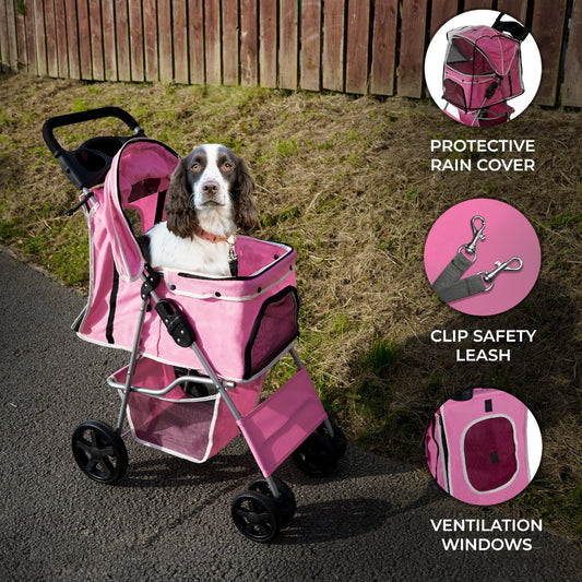 Pet Stroller with Rain Cover – Pink