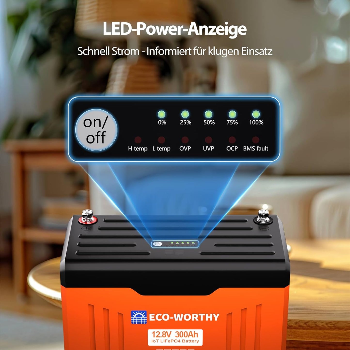 ECO-WORTHY 12V 300Ah LiFePO4 Battery with Bluetooth, LED SOC Display & Low-Temp Protection – 6-Year Combined Protection